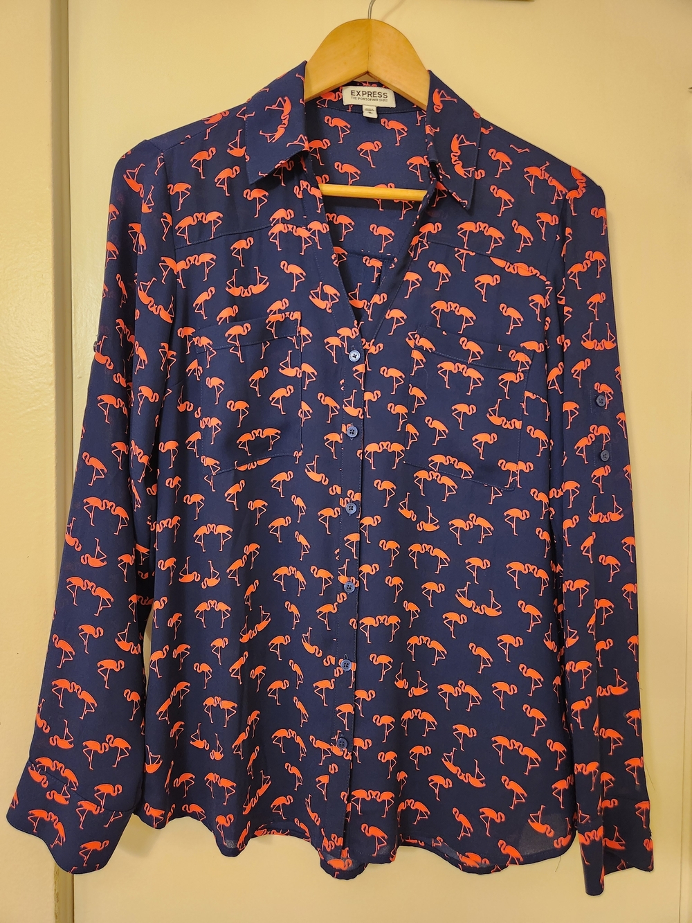 Express Navy Shirt with Hot Pink Flamingo Print